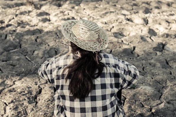 Mujer sentada de espaldas frente a un campo árido y agrietado por la sequía, imagen que refleja la ecoansiedad